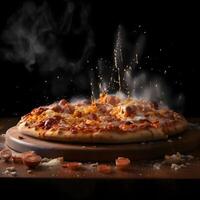 Pizza on a black background with splashes and drops of water, Image photo