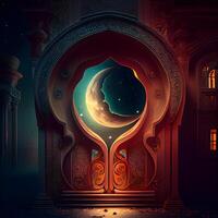 Mystical door with moon and stars in the night. 3D rendering photo