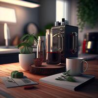 café conjunto en un mesa en el cocina. 3d representación, ai generativo imagen foto