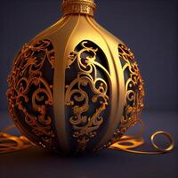 3d illustration of golden vase with gold ornament on dark background photo