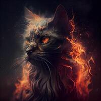 Portrait of a black cat with orange eyes and smoke on a dark background photo