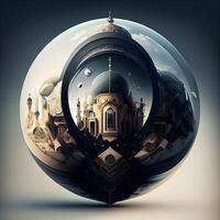 Crystal ball with mosque in the background. 3D illustration. Vintage style. photo