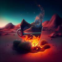 A cup of hot tea in the desert. 3D illustration. photo