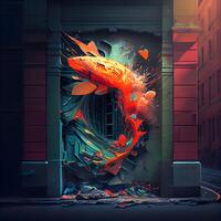 Grunge door with red and blue splashes. 3d rendering, Image photo