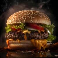 Big hamburger on a wooden board with smoke on a black background photo