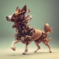 3d illustration of a dog made of wood and paper pieces. photo