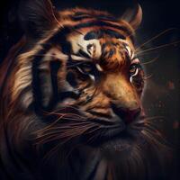 Tiger portrait. Digital painting of a tiger with fire effect. photo