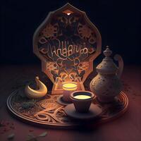 Illustration of Ramadan Kareem background with Arabic lanterns and candles, Image photo