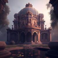 Fantasy illustration of an old building with a fountain in the background photo