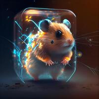 Hamster in an ice cube with a glowing light on a dark background photo