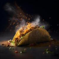 Taco with meat and vegetables on a black background. Toned. photo