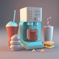 Coffee machine and fast food, 3d rendering. Computer digital drawing. photo