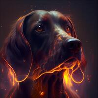 Digital painting of a dog with fire effect on a black background. photo