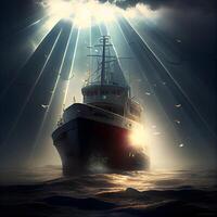 Fishing trawler in the sea with rays of light. photo