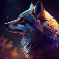 Digital painting of a wolf in red and blue colors. Digital painting. photo
