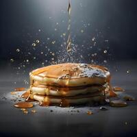 Pouring maple syrup on a stack of pancakes on a dark background photo