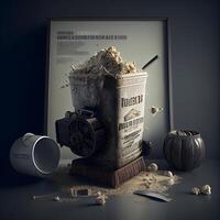 3D illustration of a metal trash can full of crumpled paper. photo