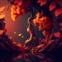 3D illustration of a fantasy forest with trees and leaves in red and orange photo