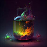 Chemical flask with colorful liquid on dark background. illustration. photo