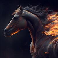 Beautiful horse portrait with fire flames on a black background. Digital painting. photo