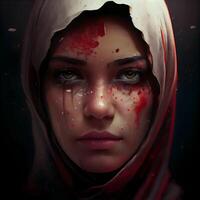 Portrait of a beautiful young woman with blood on her face. photo