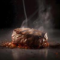 Grilled beef steak with tomato sauce and smoke on a black background photo