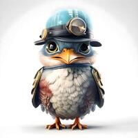 Cute bird wearing a pilot hat and goggles, 3d rendering photo