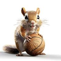 Cute hamster with a big wooden ball on a light background photo