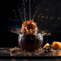 Chocolate cake with fruits splashing out on a black background. photo