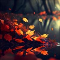 Autumn background with fallen leaves and bokeh lights, 3d illustration photo