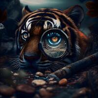 Siberian Tiger with a camera. 3D Rendering. photo