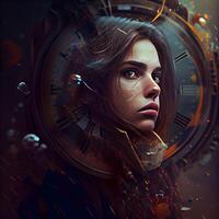 Portrait of a beautiful girl in an old clock. Fantasy. photo