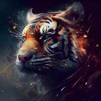 Tiger head with fire flames and smoke abstract background. Digital painting. photo