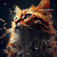Fantasy portrait of a red cat in water. 3d rendering photo