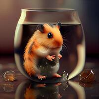 Hamster in a glass bowl on a dark background. 3d rendering photo