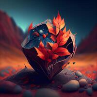 3d rendering of a stone with a red autumn leaf on it photo