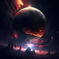 Fantasy landscape with planets and stars. 3d render illustration. photo