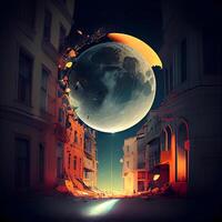 Fantasy city at night with moon and stars. Elements of this image furnished by NASA photo