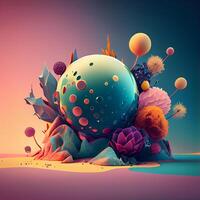 abstract 3d illustration of fantasy landscape with planet and flowers. photo