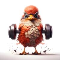 Funny bird with dumbbells isolated on a white background. photo