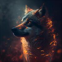 Portrait of a wolf on a dark background. Fire and smoke. photo