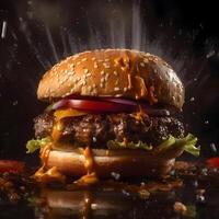 Burger with flying ingredients on a dark background. Fast food concept photo