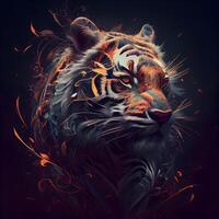 Tigre cabeza con fuego efecto. vistoso Tigre retrato. digital cuadro. foto