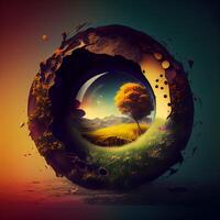 Fantasy landscape with a planet and a tree in the center. photo