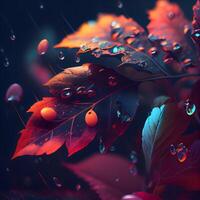 Red leaves with water drops on dark background. 3d illustration. photo