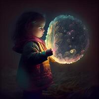 Cute little girl with magic ball in her hands. Fantasy image photo