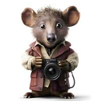 Hedgehog dressed as a photographer with a camera, isolated on white photo