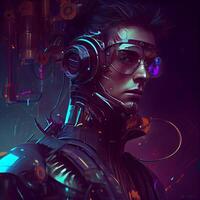 3d rendering of a male cyborg robot in cyber space. photo