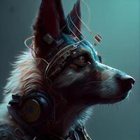 Futuristic dog with headphones listening to music. 3d rendering photo