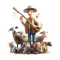 Old farmer with sheep and goat isolated on white background. 3d illustration. photo